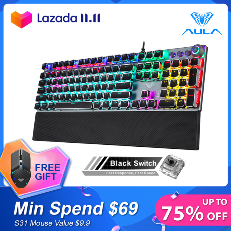 AULA F2088/F2058 Mechanical Gaming Keyboard Detachable wrist rest Multimedia Knob, 104 Keys Anti-ghosting Marco Programming metal panel LED Backlit keyboard for PC Gamer (Punk keycap) Singapore