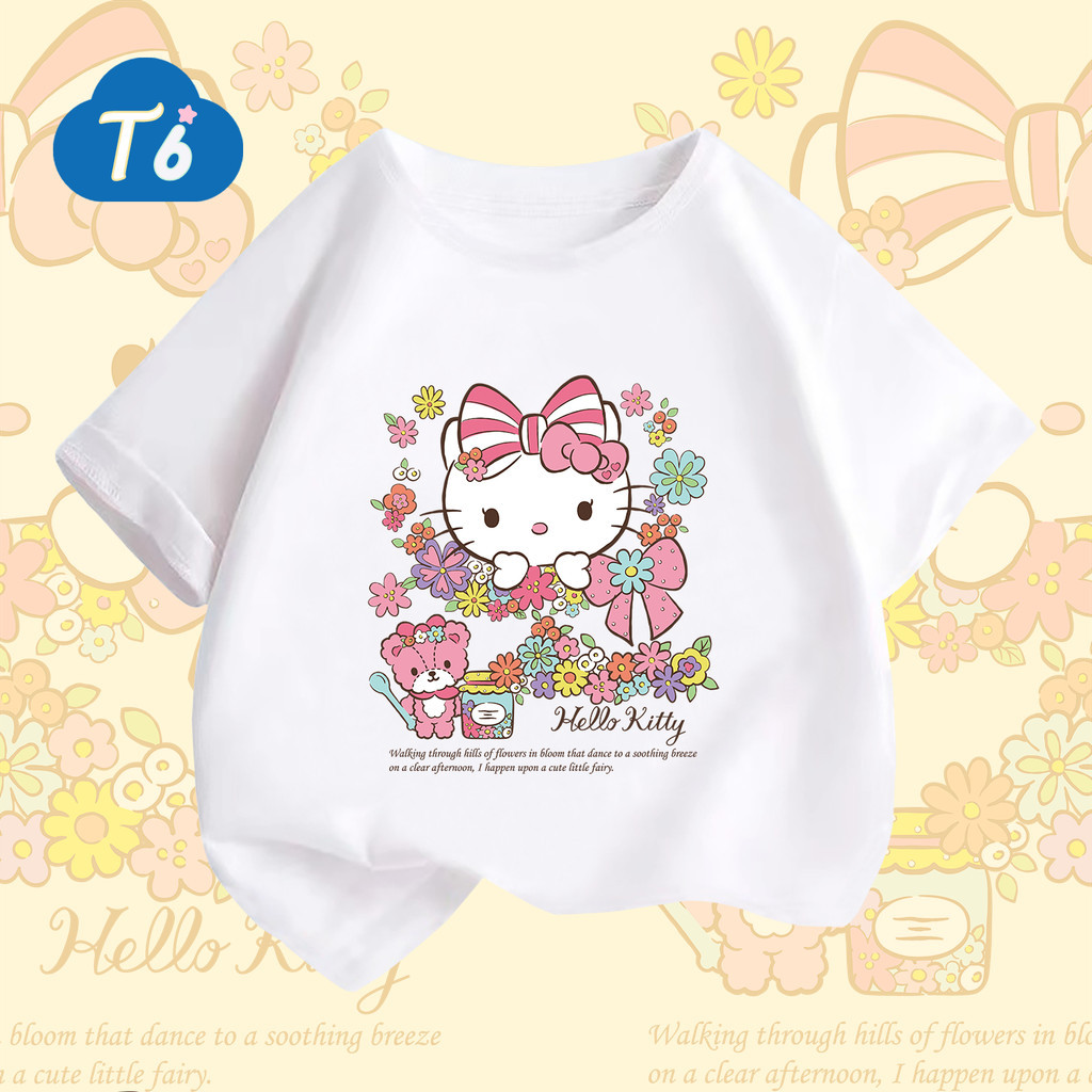 T6💗พร้อมส่ง💗เสื้อยืด เสื้อยืดแขนสั้น Hello Kitty เนื้อผ้านิ่ม😍100% Cotton 6สี 100-140 ราคา 149 บาท*ส่งฟรี