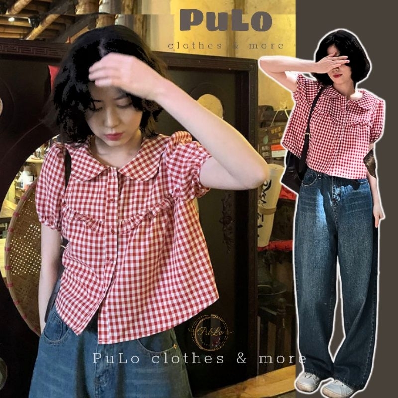 Áo babydoll caro đỏ cổ sen bèo ngực tay bồng A105
