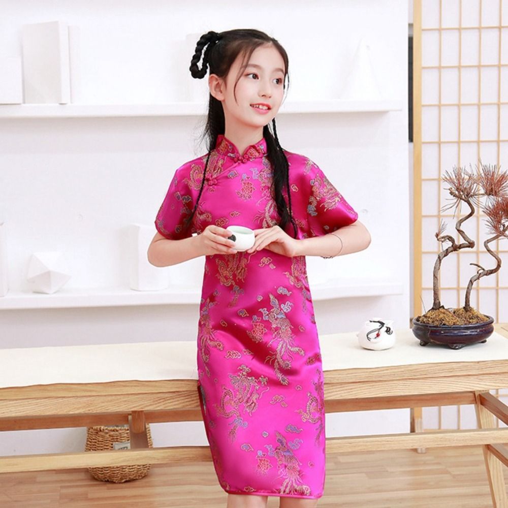 ZM6J3J Tinh tế Hoài cổ Cổ điển Thiết kế thích hợp Họa Tiết Rồng Phượng Hoàng Lụa Thoải mái Mùa hè Váy bé gái Sườn xám bé gái Váy qipao truyền thống cho trẻ em Đầm phong cách Trung Quốc - 5