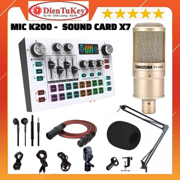 Bộ sound card x7, micro takstar pc k200 kèm tai nghe chuyên hỗ trợ nguồn 48v hát autotune , livestream , thu âm