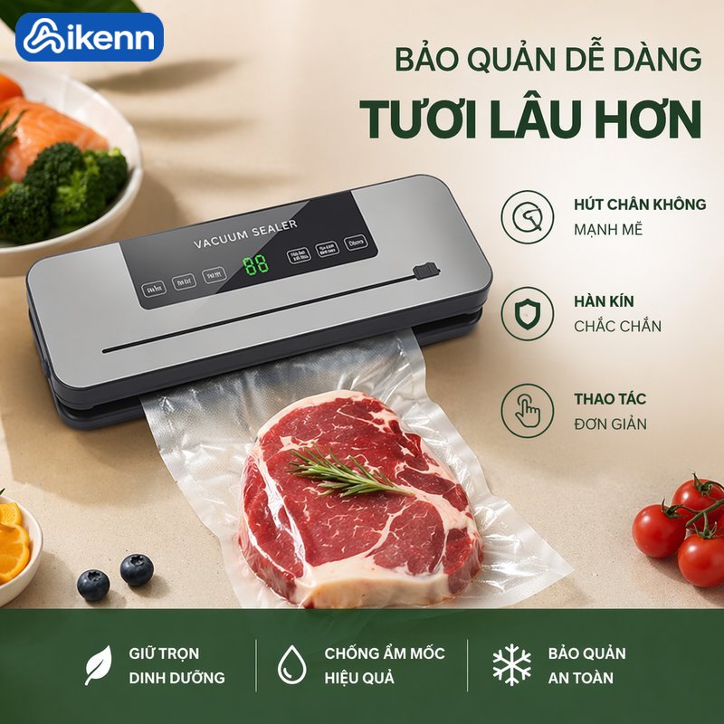 Aikenn Máy hút chân không hàn miệng túi tự động 65000Pa khử khuẩn UV bảo quản thực phẩm khô ướt chế độ hút Seal