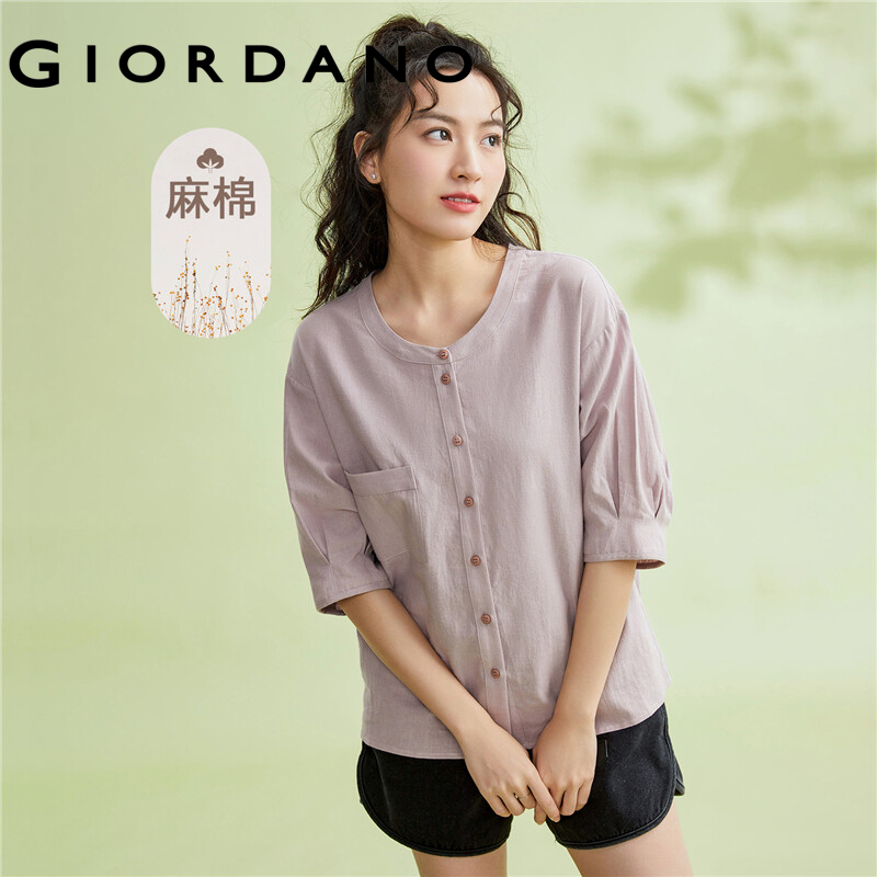 Áo sơ mi Nữ Cổ chữ V bán hở ngực GIORDANO Women Thiết kế tay dài Thả vai form Giản dị vải Lanh thiên nhiên Thoải mái Free Shipping 13341027
