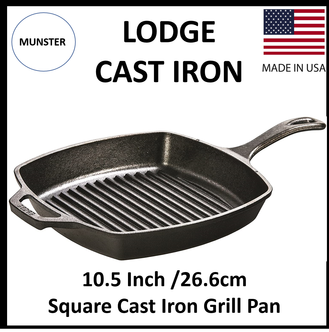 Lodge 10.5 Inch Square Cast Iron Grill Pan Pre-seasoned with Easy Draining 