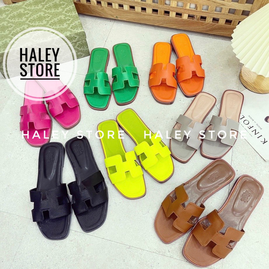 Dép nữ HM da xước đế gỗ HALEY STORE quai ngang chữ H nhiều màu rẻ bền đẹp