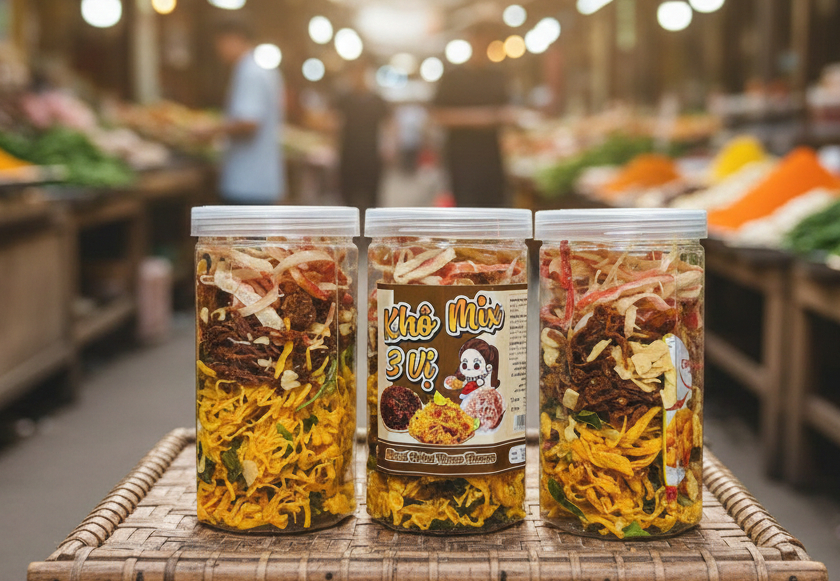 Khô Mix 3 vị khô heo - khô gà - bò sợi (loại 1) thơm ngon hấp dẫn hũ 300gram