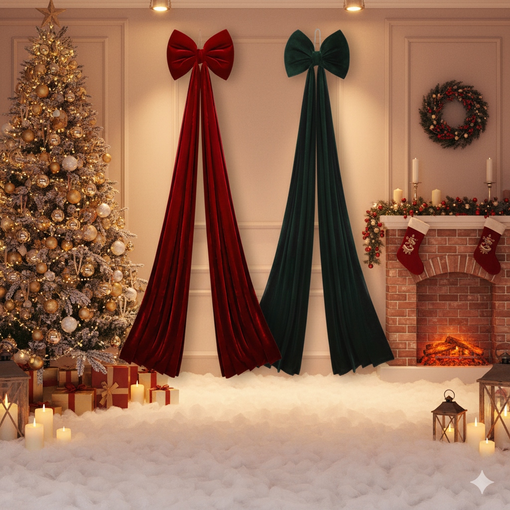 Giant Christmas Decorative Velvet Bow Strip in 2 Colors, Blue and Red, 40X200Cm - Bow to Hang on the Christmas Tree to Decorate Christmas Cafes