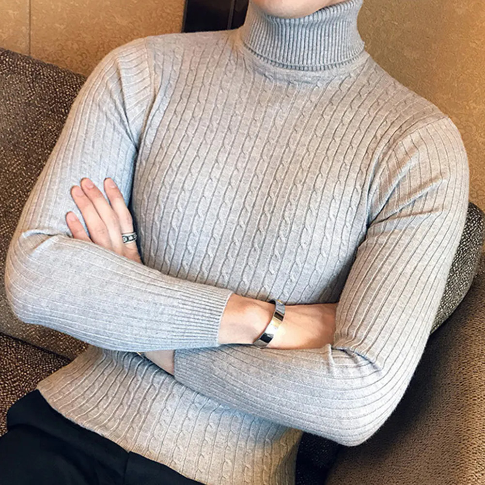 Casual Men Winter Solid Color Turtle Neck Long Sleeve Twist Knitted Slim Sweater Men's Knitted Sweaters Pullover Men999_voghion.com