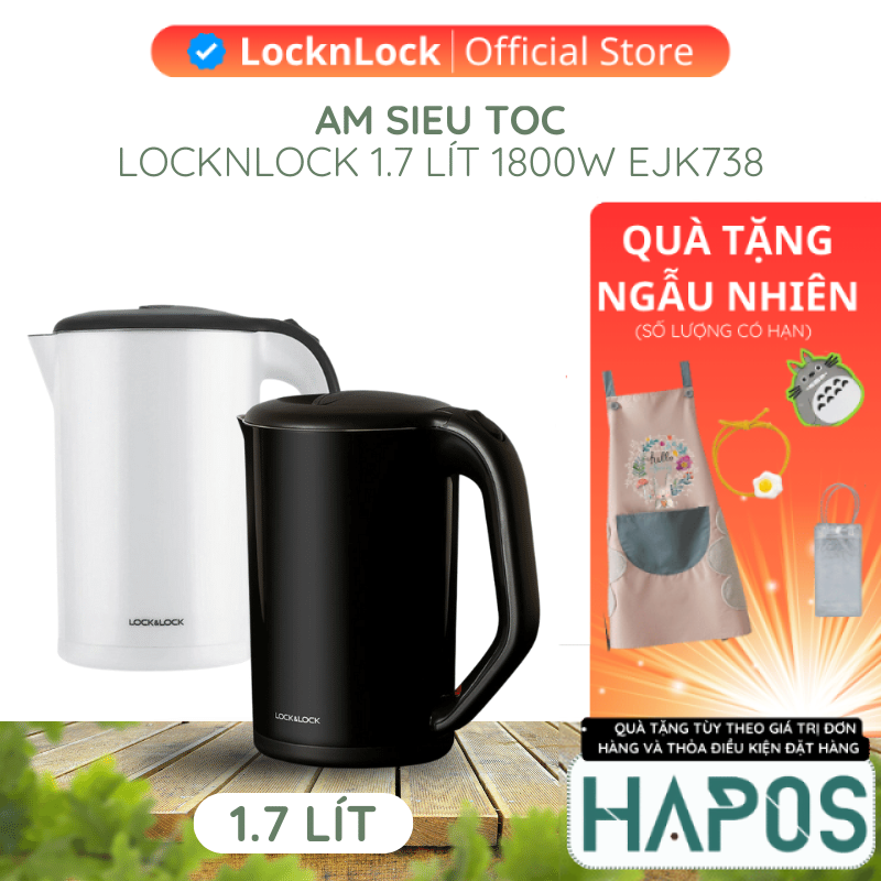 Ấm đun nước điện LocknLock EJK738 1.7L, 2 màu Trắng/Đen, Dung lượng lớn, Tự ngắt khi sôi