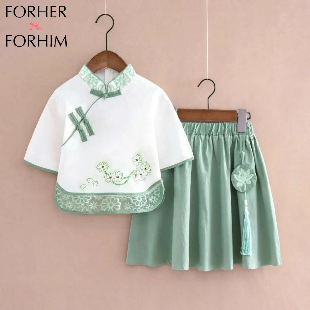 FORHERFORHIM Girls' Dress New Summer Dress Chinese Style Two-piece Tang Dress Dress Ancient Style Hanfu Suit Children's Cheongsam Dress F043 ราคา 489 บาท*ส่งฟรี
