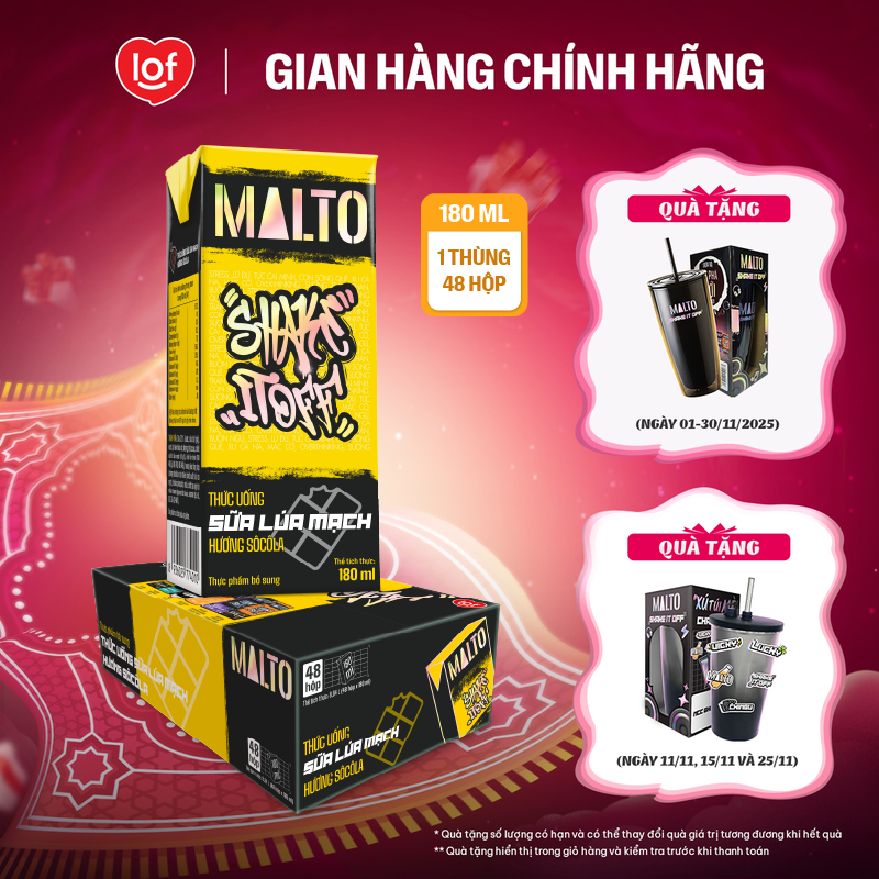 Sữa lúa mạch MALTO Shake It Off hương sôcôla thùng 48 hộp x 180ml