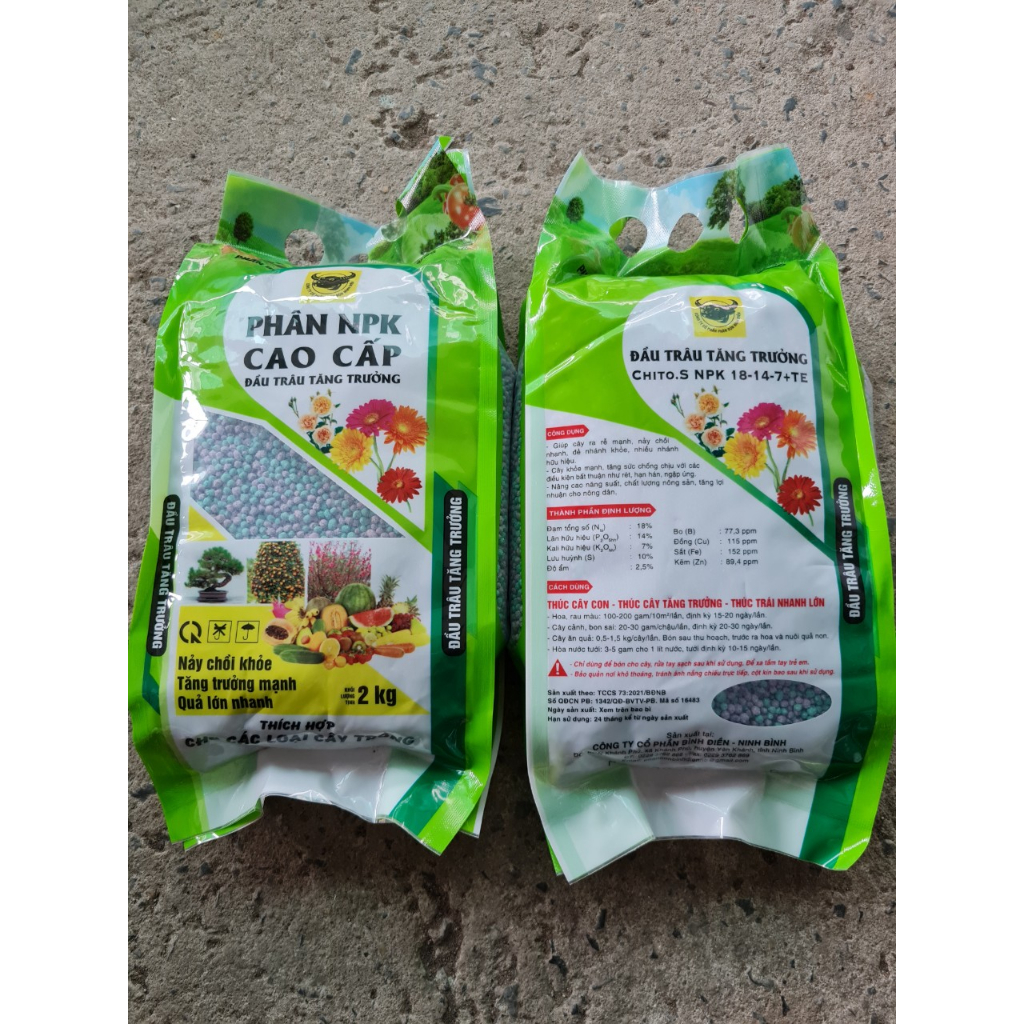 Phân bón NPK 18-14-7+TE bổ sung vi lượng Đầu trâu tăng trưởng nảy chồi khỏe quả lớn nhanh túi 2kg