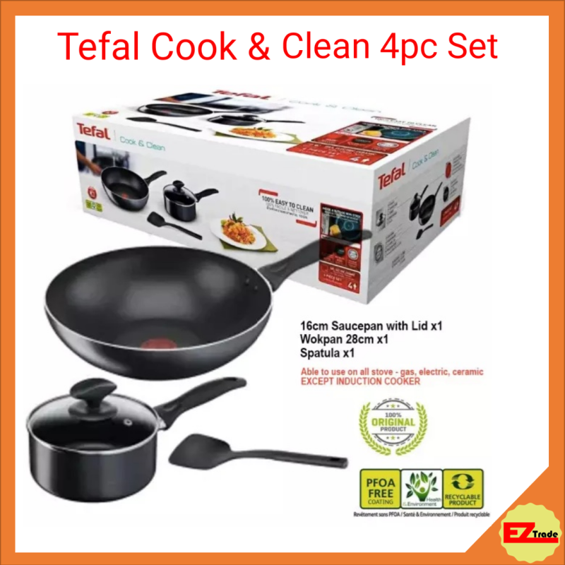 TEFAL COOK & CLEAN 4 PCS SET Frying Pan / Saucepan (16cm Saucepan W Lid + 28cm Wokpan + Spatula ) B225S4 Singapore