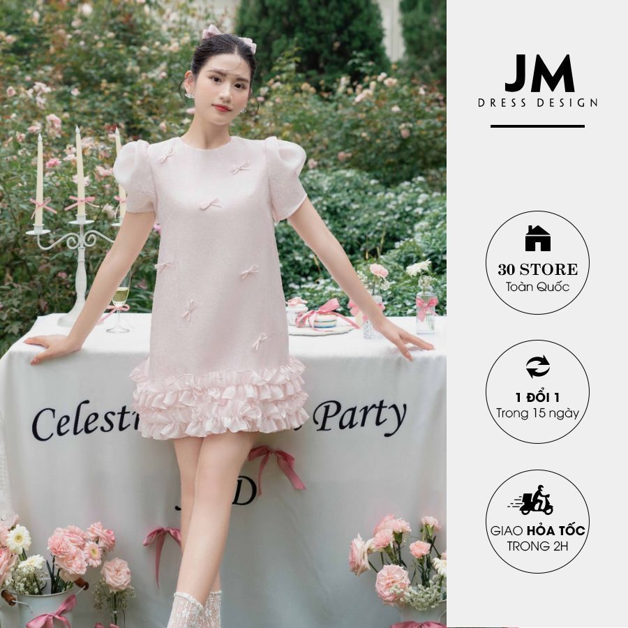 Đầm suông A nhún bèo 2 tầng 1P07.2406OG, váy đầm dáng suông tay bồng chất liệu tơ cao cấp thiết kế JM Dress Design