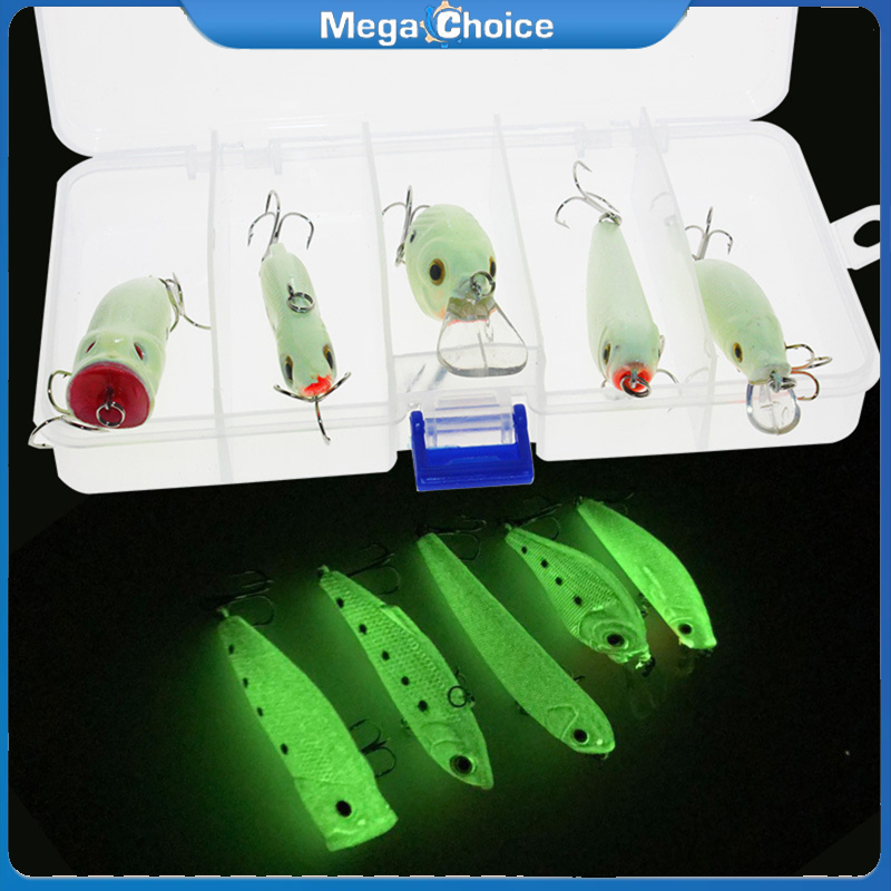 MegaChoice【Fast Delivery】5 PCS Hard Bait Night Glow Fishing Baits With Treble Hook VIB Popper Crank Minnow Lure Set For Outdoor Bass Trout Beginners ราคา 141 บาท*ส่งฟรี