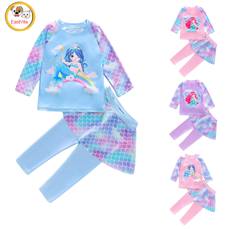 2pcs Kids Swimming Suit For Girls Sunscreen Quick-drying Cartoon Printing Long Sleeves Tops Skirt Pants Split Swimsuit ราคา 199 บาท*ส่งฟรี