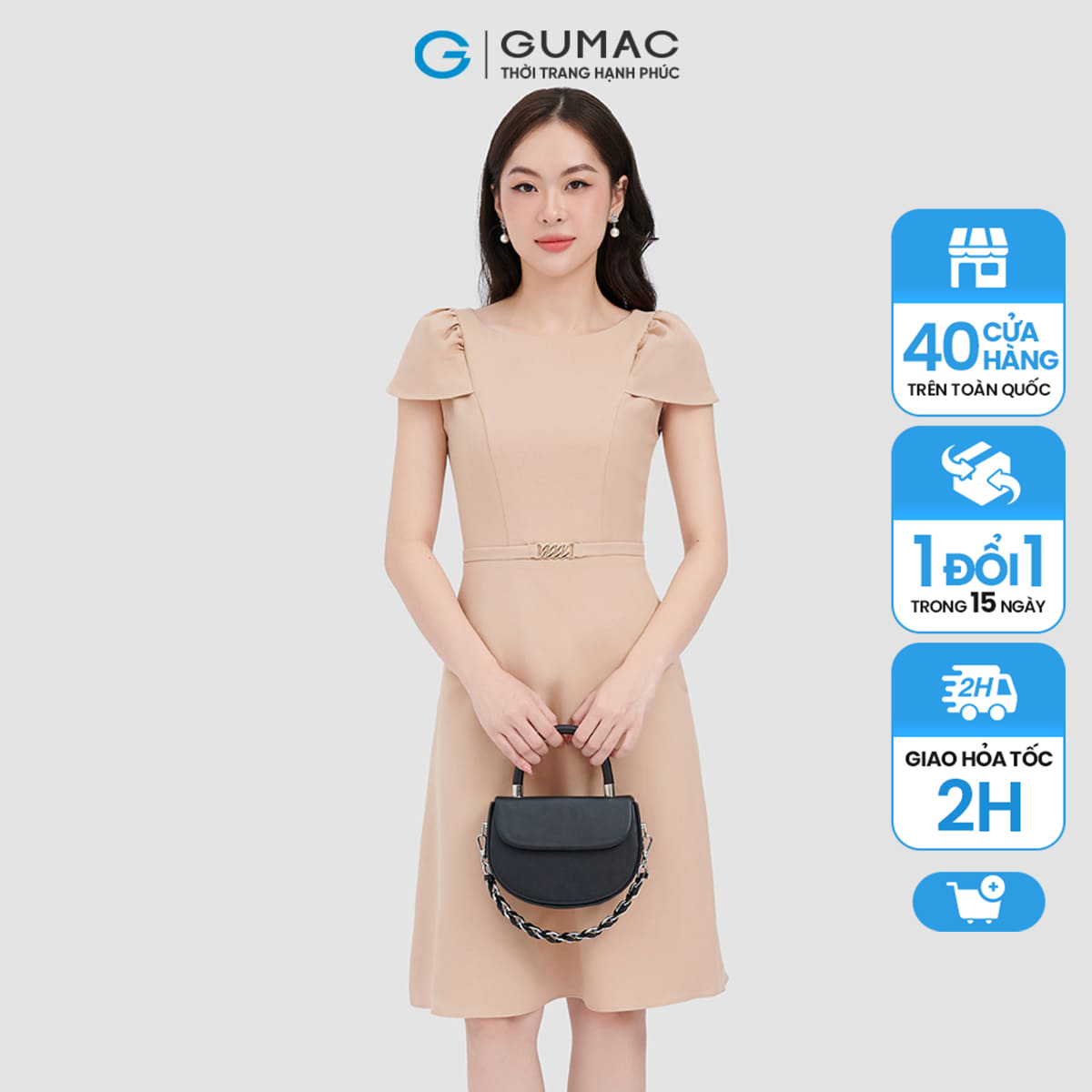 Đầm form a tay nhún phối dây đai gumac dc10053