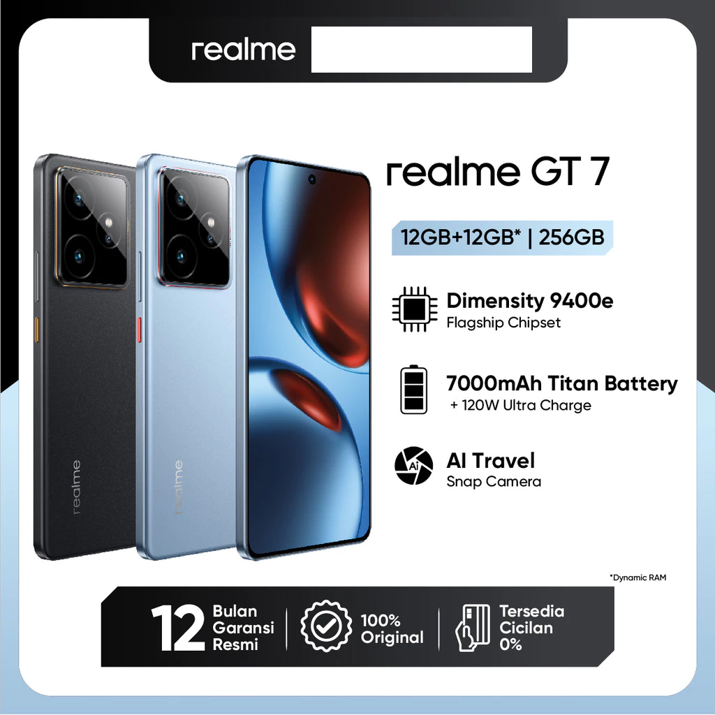 realme GT 7 12GB+12GB*|256GB (Dimensity 9400e Flagship Chipset | 7000mAh Titan Battery + 120W Harga 16,999,000 rupiah*Gratis Ongkir