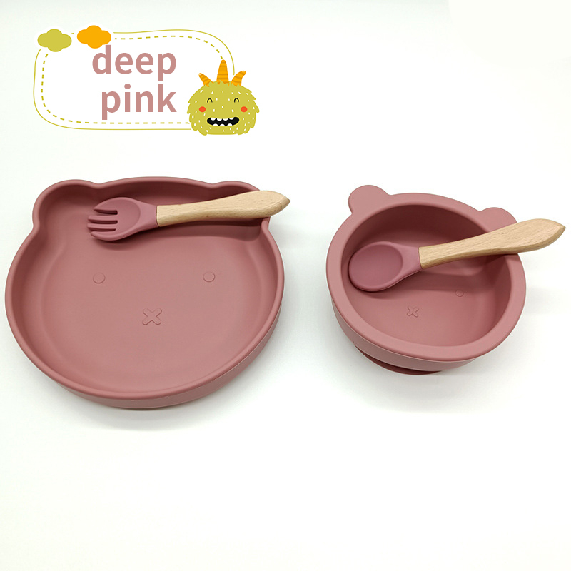 4PCS Cute Bear Baby Feeding Set hildren Bear Silicone Suction Bowl & Spoon Set Baby Silicone Suction Bowl Feeding Tableware Food Grade for Kids Toddlers