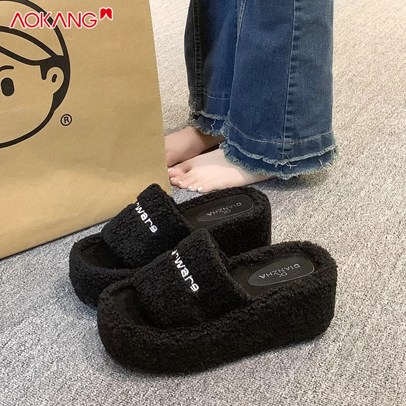 Aokang lông berber Dép lông trang phục ngoài trời nữ thời trang dễ phối đế dày tăng chiều cao dép cotton từ nêm dép thường ngày thoải mái