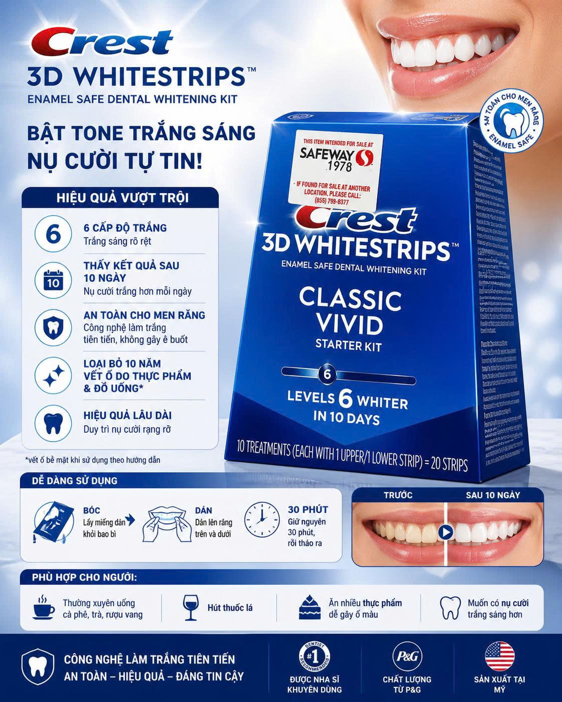 Miếng Dán Trắng Răng Crest 3D Whitestrips Classic Vivid - Hàng Nhập Mỹ (Nguyên Hộp 10 Lần Dán)