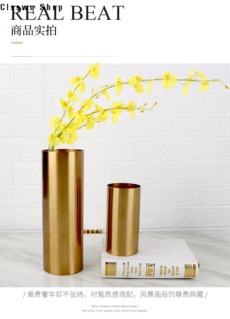 European-style cylindrical metal electroplated vase ornaments living room model room golden iron flower arrangement light luxury soft decoration