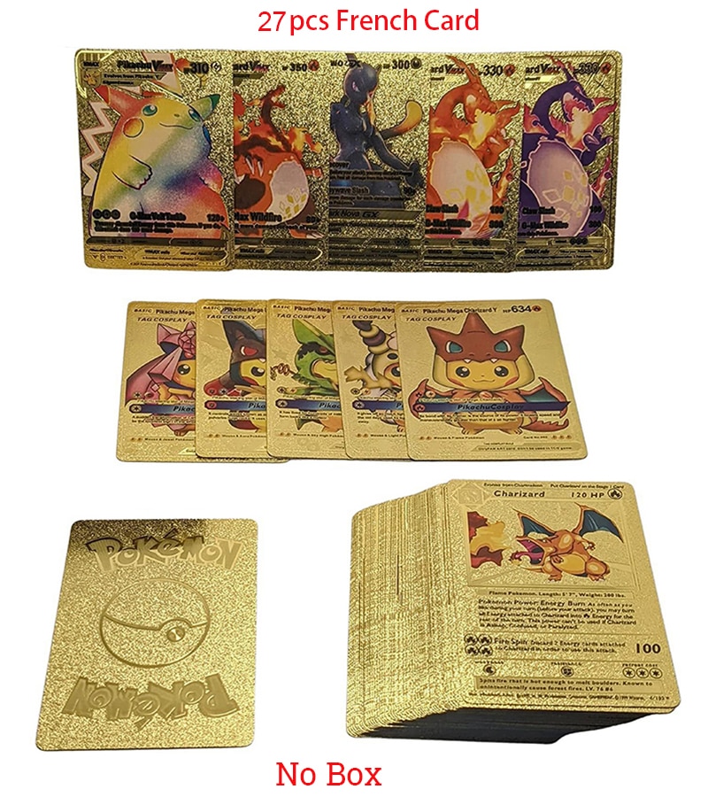 400-60pcs Pokemon Metal Gold Card Box Golden Letters Spanish