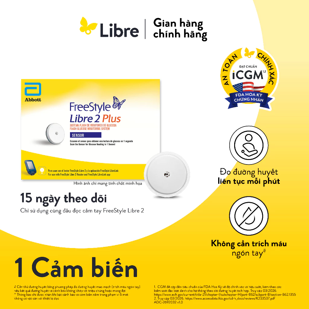 Cảm biến FreeStyle Libre 2 Plus -Bộ theo dõi đường huyết liên tục (LƯU Ý: PHẢI SỬ DỤNG CÙNG ĐẦU ĐỌC)
