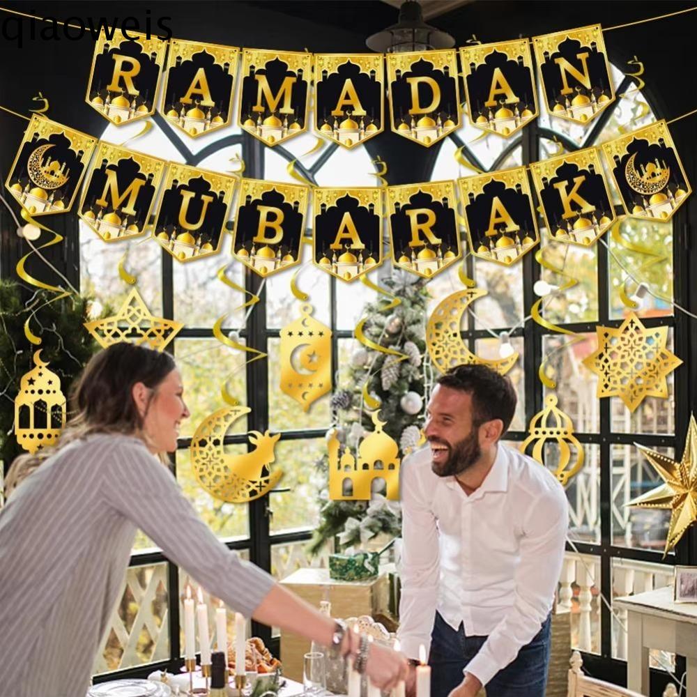 QIAOWEIS Họa tiết ngôi sao trăng Biểu ngữ giấy EID mubarak Tự làm Thủ công Xoáy treo ramadan Sáng Tạo Lễ hội dây chuyền tiệc EID al-fitr Trang trí nhà cửa