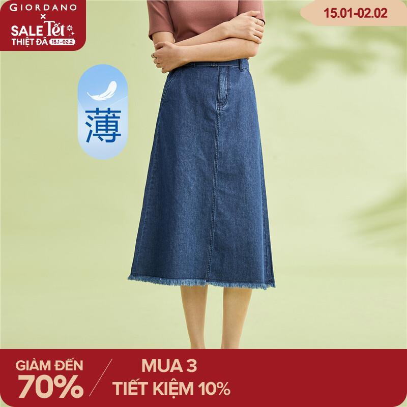 Giordano women skirts half elastic waist 100% cotton belt denim long skirts frayed hem fashion casual denim skirts 13463210