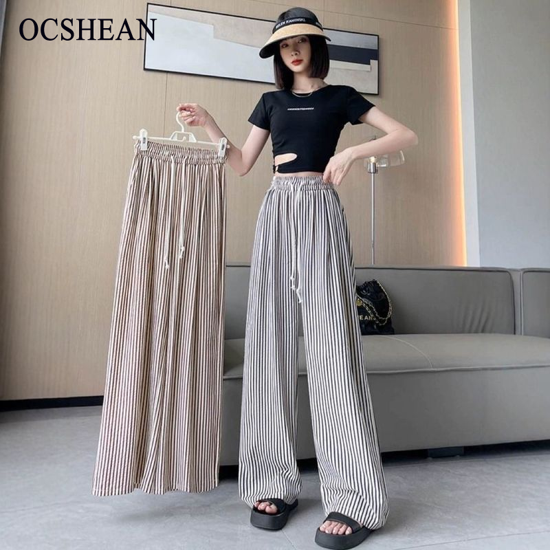 OCSHEAN ความรู้สึกของการออกแบบสองสีลายทางแนวตั้งกางเกงขากว้างทรงหลวมสบายๆเอวสูงทรงหลวมสบายๆสไตล์ชิวๆ ราคา 149 บาท*ส่งฟรี