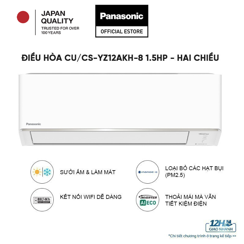 [CHỈ GIAO MIỀN BẮC] [Độc quyền Online] [Chỉ giao miền Bắc] Điều hòa Panasonic Inverter CU/CS-YZ12AKH-8 - 1.5HP - Hai chiều - Eco AI - Lọc không khí bụi mịn tới 99%