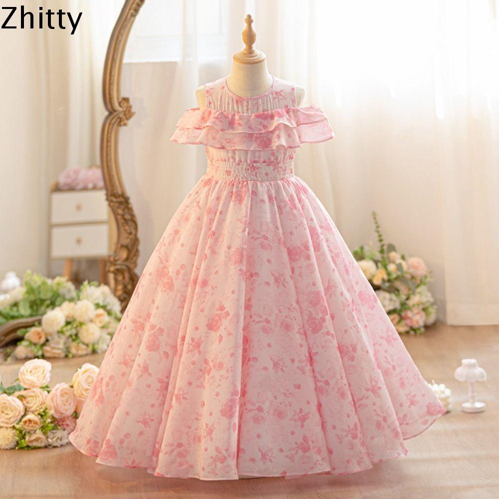 ZHITTY Lỏng lẻo Váy hoa chiffon cho bé gái Thanh thiếu niên Xếp nếp Váy công chúa cho trẻ em Ngọt ngào Tiệc tùng Váy mùa hè cho trẻ em Kỳ nghỉ