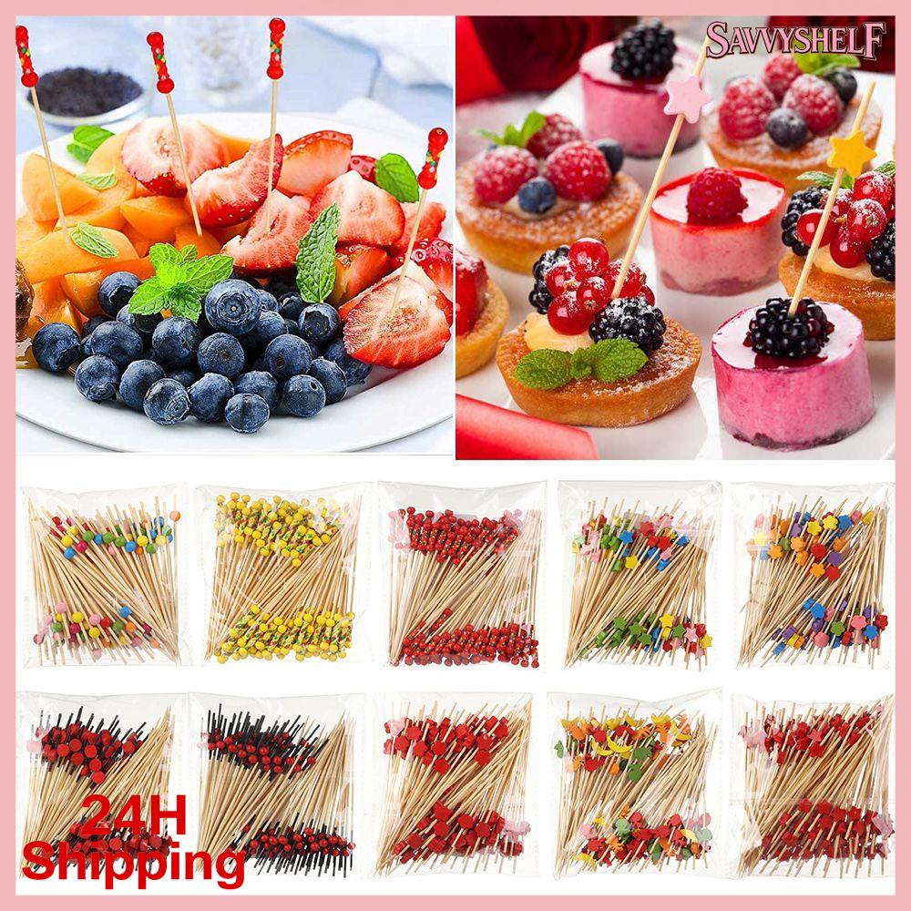 SAVVYSHELF 100Pcs Dùng một lần Salad Rau Gậy Salad Bánh Sandwich Tăm Xỉa Răng Cupcake Trái Cây Ngã Ba Thực phẩm Trái Cây Trang Trí Nội Thất Trái cây Gậy Handmade Tăm Xỉa Răng Tre Picks