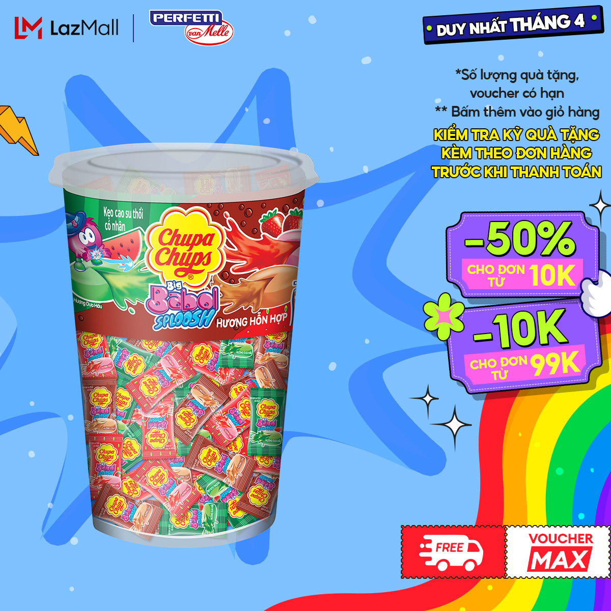 Kẹo cao su gum thổi có nhân Chupa Chups Big Babol Sploosh (Hũ 74 viên) hương dưa hấu, dâu, cola