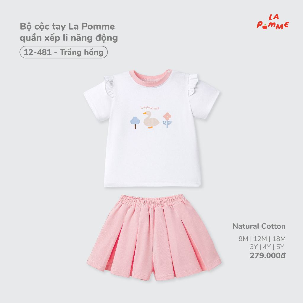 Bộ cộc tay La Pomme quần xếp li năng động - Sợi Natural Cotton thoáng mát - Bé gái - 9M - 5Y