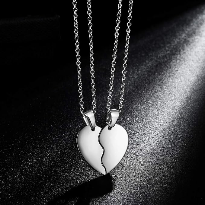 2 Pcs Silver Heart Broken Pendant Necklace With 2 Chain For Girls Women Men Couples Friendship Nacklace - Heart Broken Non Magnetic Matching Couple Best Friend Ship Locket For Ladies