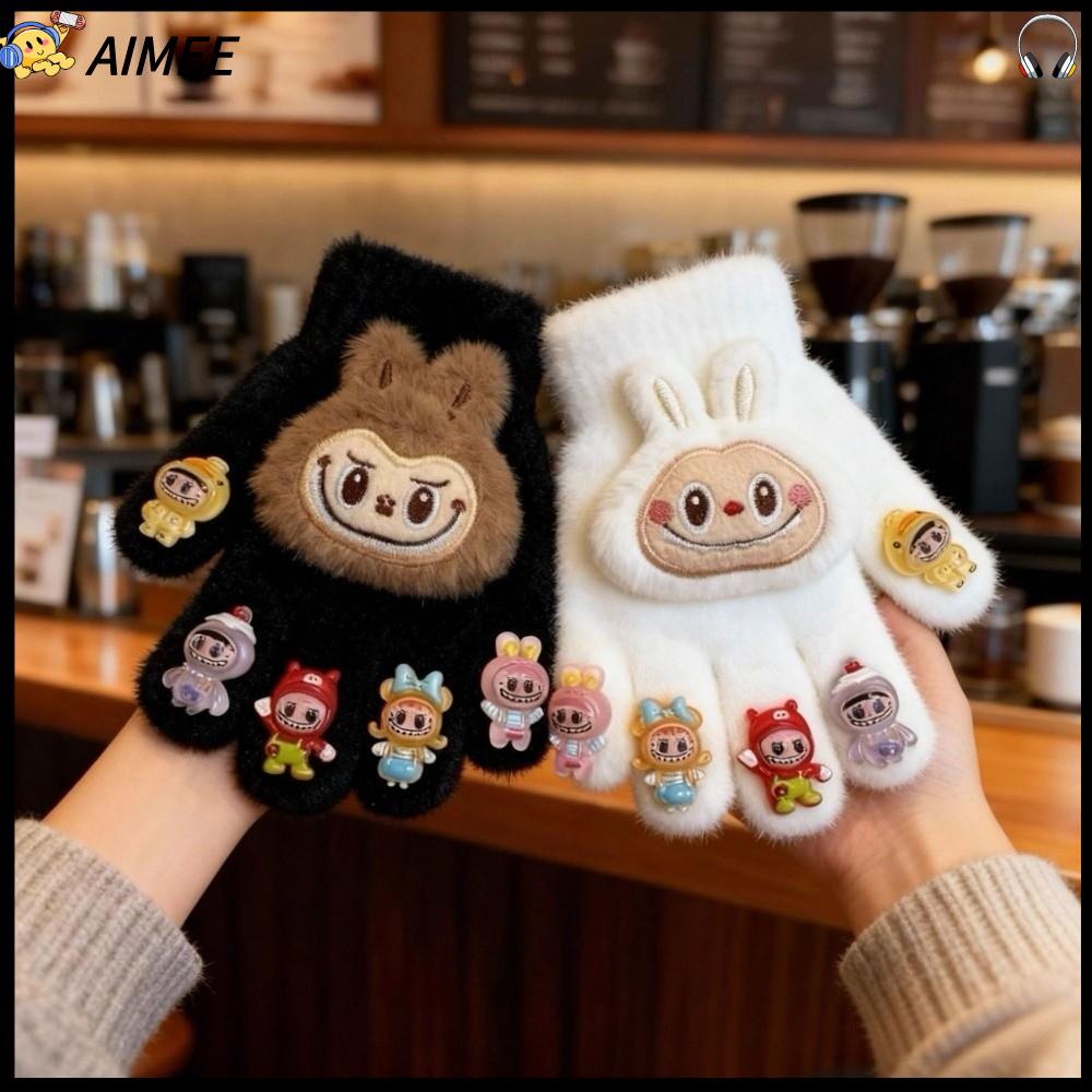 AIMEE Sáng Găng tay trẻ em Winter Labubu Dày hơn Đậu Labubu Găng tay che phủ toàn bộ ấm áp  Dụng cụ giữ ấm cho trẻ em Găng tay nhung hoạt hình