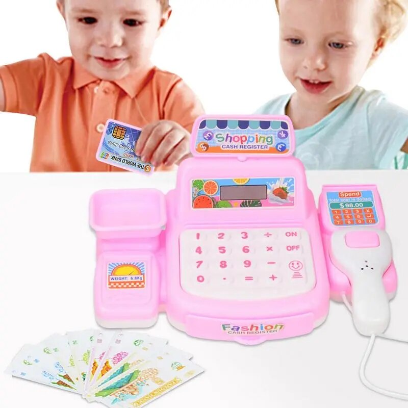 Tiền và máy tính tiền trẻ em chơi giả vờ cửa hàng tạp hóa siêu thị đặt thu ngân đồ chơi qsv