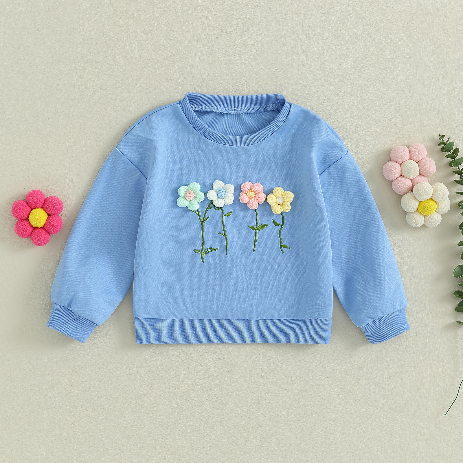Heartandsoul-bé gái mới biết đi màu xanh tươi trẻ Áo Nỉ Tay áo dài cổ tròn dễ thương 3D Hoa Áo chui đầu rộng mùa thu áo thoáng khí