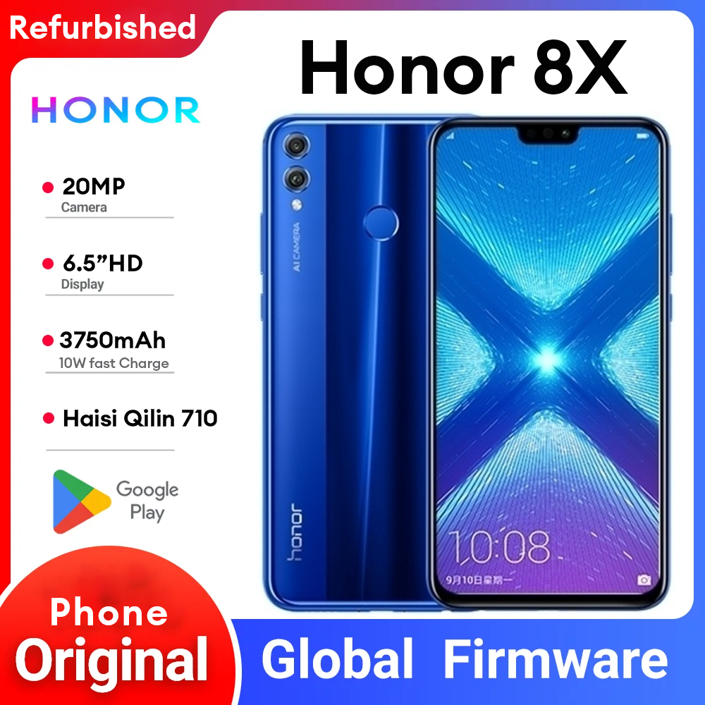 Re-furbished Phone Honor 8X 4G LTE GSM (4GB+64GB) Unlocked 6.5" 20MP 3750mAh Battery Dual Camera (Dual SIM)(Haisi Qilin 710) ราคา 2,050 บาท*ส่งฟรี