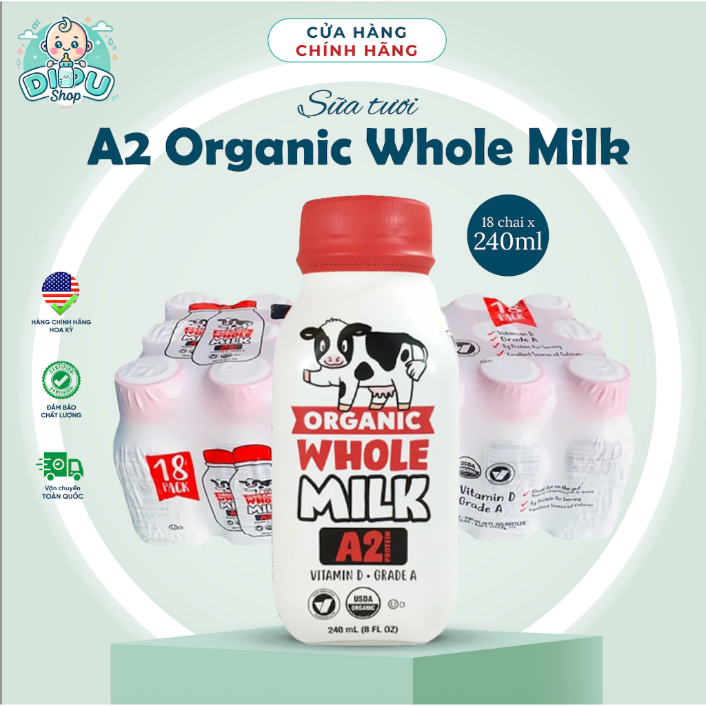 Thùng 18 hộp Sữa Tươi Hữu Cơ A2 Organic Whole Milk nội địa Mỹ vị nguyên kem