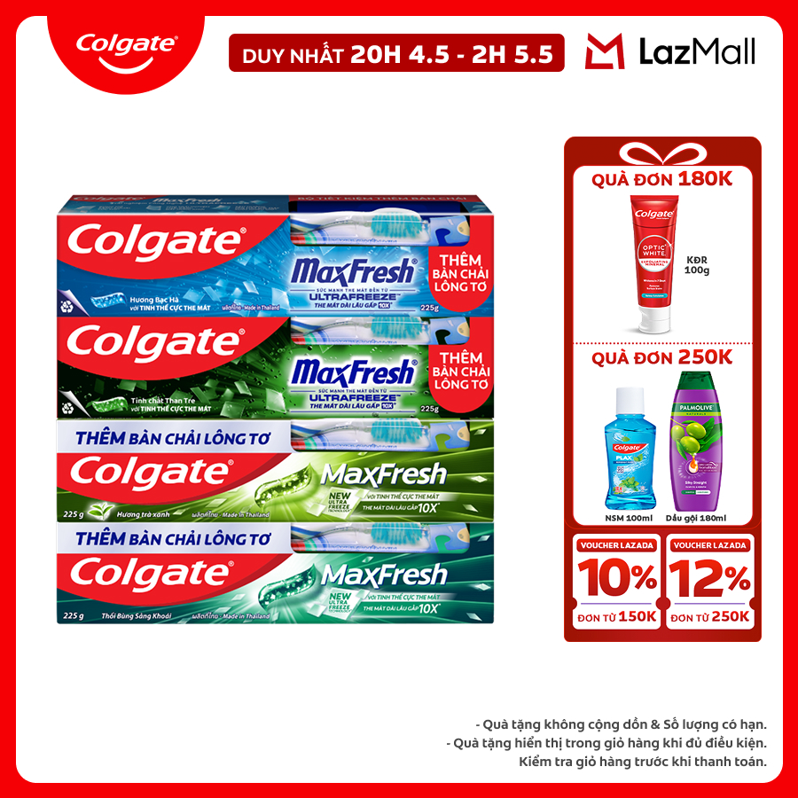 [Chỉ 25-29.4_Mua 4 tặng 2] Bộ sưu tập 4 kem đánh răng Colgate Maxfresh 225g (Tặng bàn chải lông tơ)
