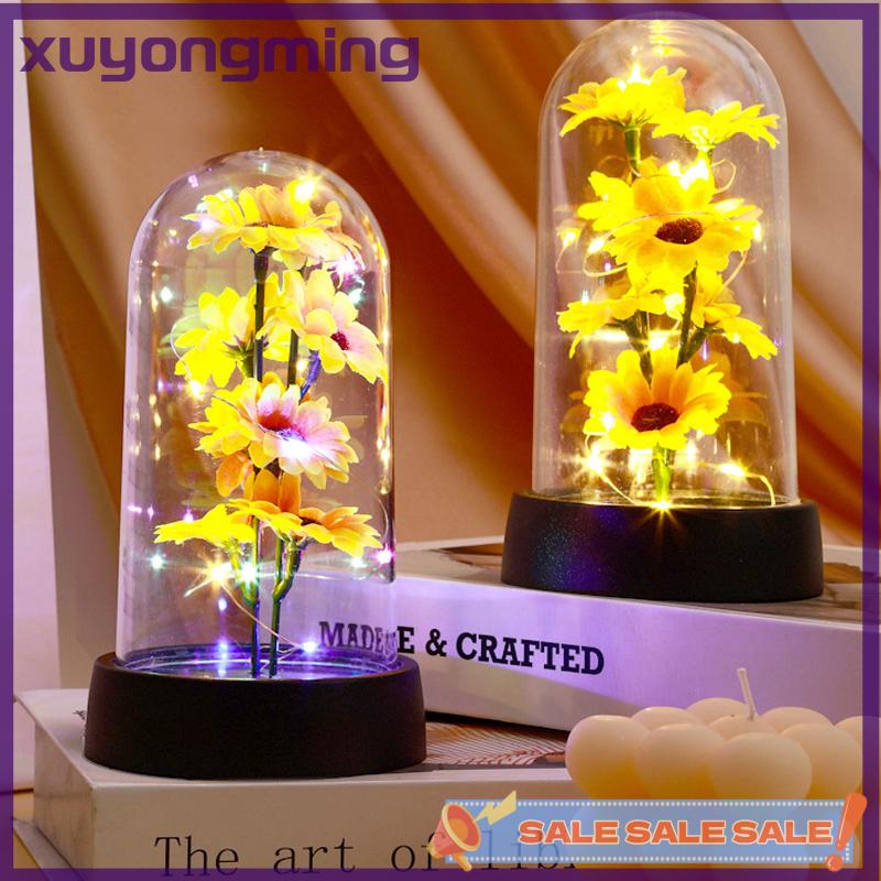 xuyongming Hoa Hướng Dương Ánh Sáng Ban Đêm Vĩnh Cửu Hoa Thủy Tinh Bìa Đèn Bóng Râm Vĩnh Cửu Rose LED Ánh Sáng Lá Hoa Sáng Tạo Máy Tính Để Bàn Trang Trí Nội Thất