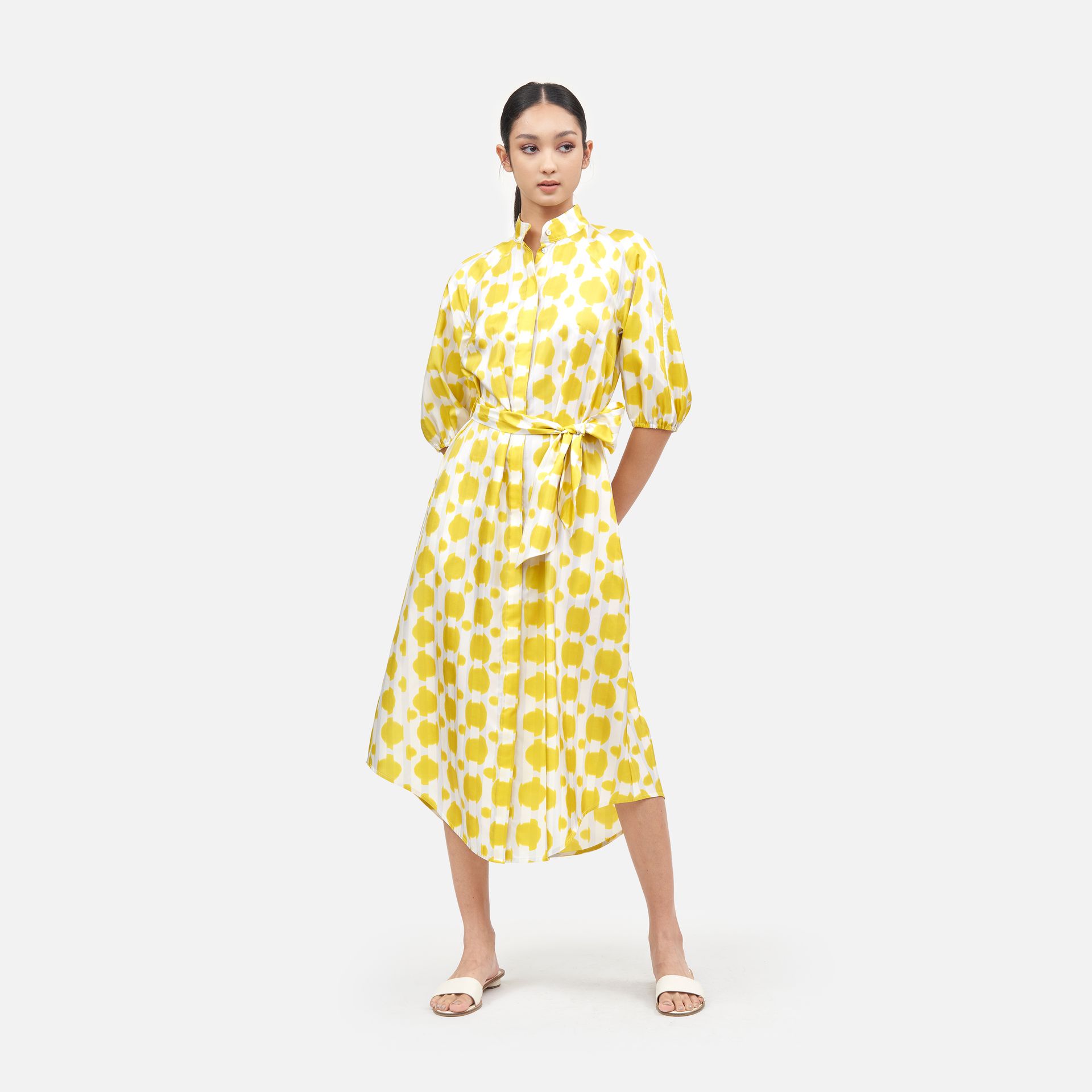 Ikat Polka Dot Silk Belt Shirt Dress - Yellow ราคา 6,000 บาท*ส่งฟรี
