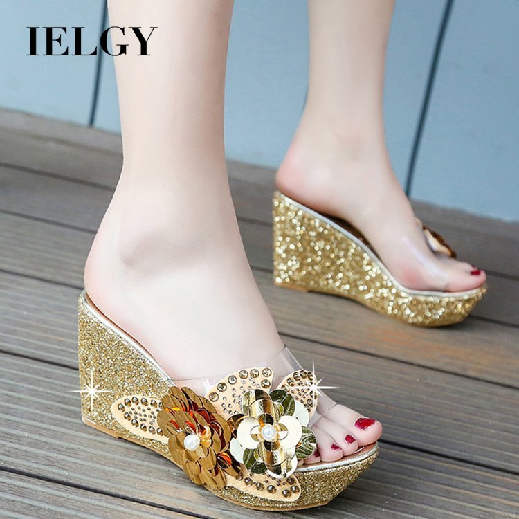 IELGY Korean style rhinestone sequin flip flop sandals for women