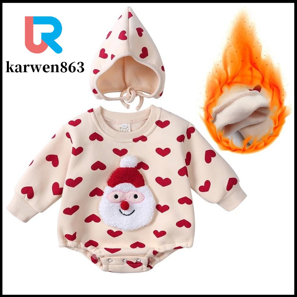 KARWEN863 Áo dài tay Bộ đồ liền thân cho bé Giáng sinh Hình in ông già Noel Bông Quần áo sơ sinh cho trẻ sơ sinh  Mùa đông ấm áp Bộ đồ liền cho trẻ nhỏ Trang phục trẻ em
