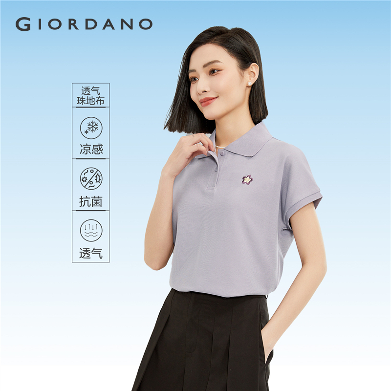 GIORDANO Nữ Áo Sơ Mi Polo Đá Làm Mát Thêu Hoa Áo Sơ Mi Polo Nữ Tay Ngắn Mùa Hè Thời Trang Áo Sơ Mi Polo 05314392