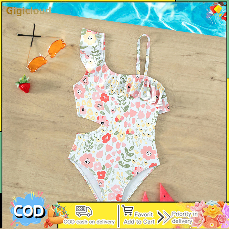 Toddler Girls Leotard Swimsuits One Shoulder Hallow Out Waist Floral Patterns Ruffle Bathing Suit Infant Baby Girl Swimsuit For Indoor Outdoor Summer Swimming ราคา 175 บาท*ส่งฟรี