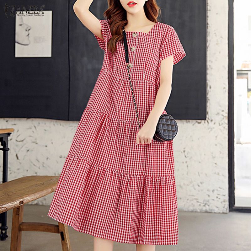 (3 Days Delivery) ZANZEA Korean Style Women Retro Square Neck Casual Dresses Grid Printed Short Sleeve A-Line Midi Doll Dress #F ราคา 220 บาท*ส่งฟรี